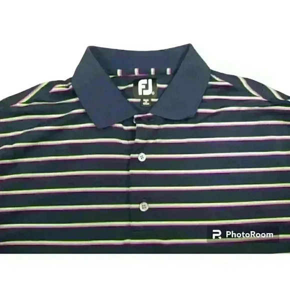 FootJoy FJ Men's Golf Polo Shirt Navy Purple Green Striped Size Large - Picture 1 of 10